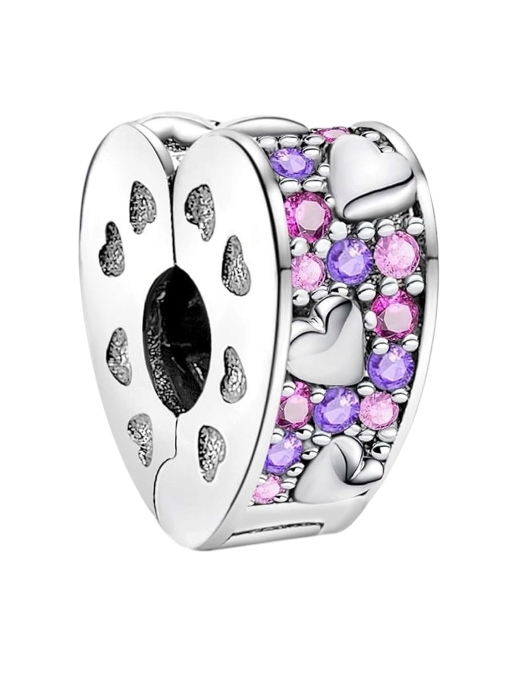 925 Pink & Purple CZ Heart Safety Stopper Charm for Bracelet